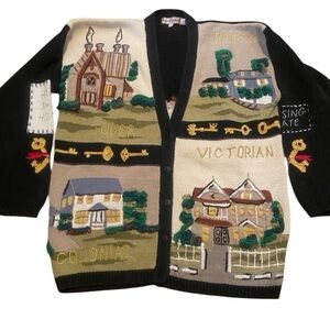 Vintage Cottagecore Novelty Lauren Hansen Cadigan Real Estate Home Hand knit M-L